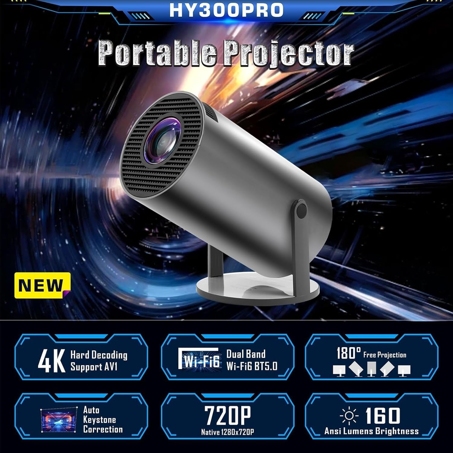Mini Smart Projector Android WiFi 6 Bluetooth 180° 130” Portable