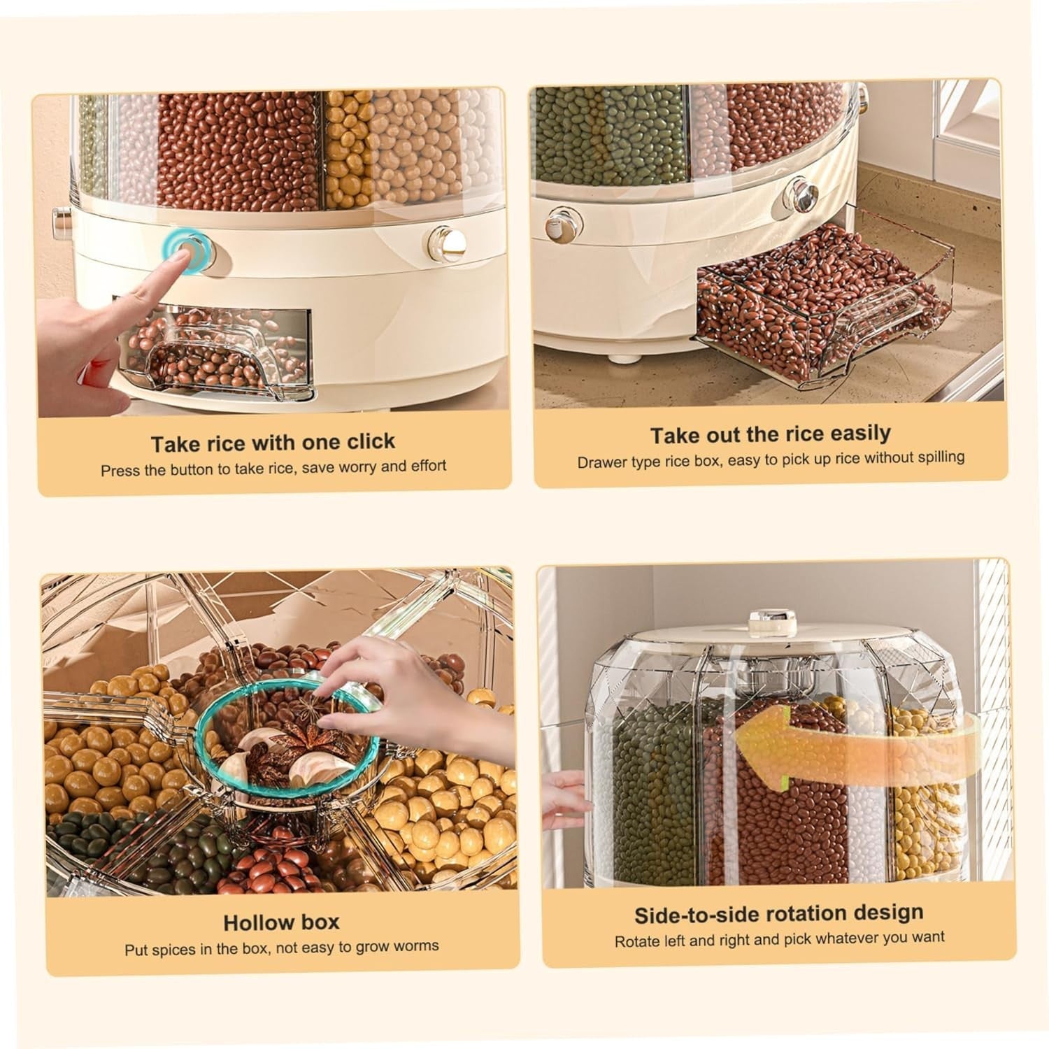 360° Rotating Cereal Dispenser 6 Grid Grain Storage Container Bin