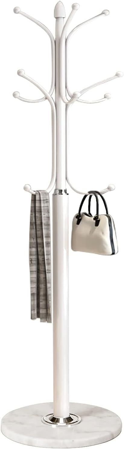 White Metal Coat Rack Stand with Marble Base 12 Hooks Hall Tree for Entryway