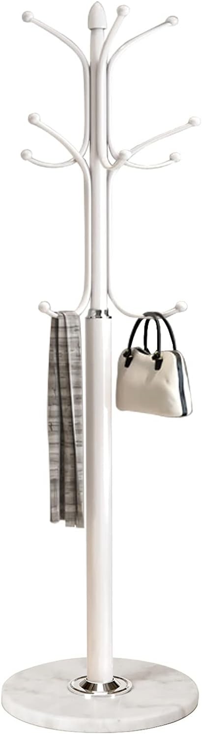 White Metal Coat Rack Stand with Marble Base 12 Hooks Hall Tree for Entryway