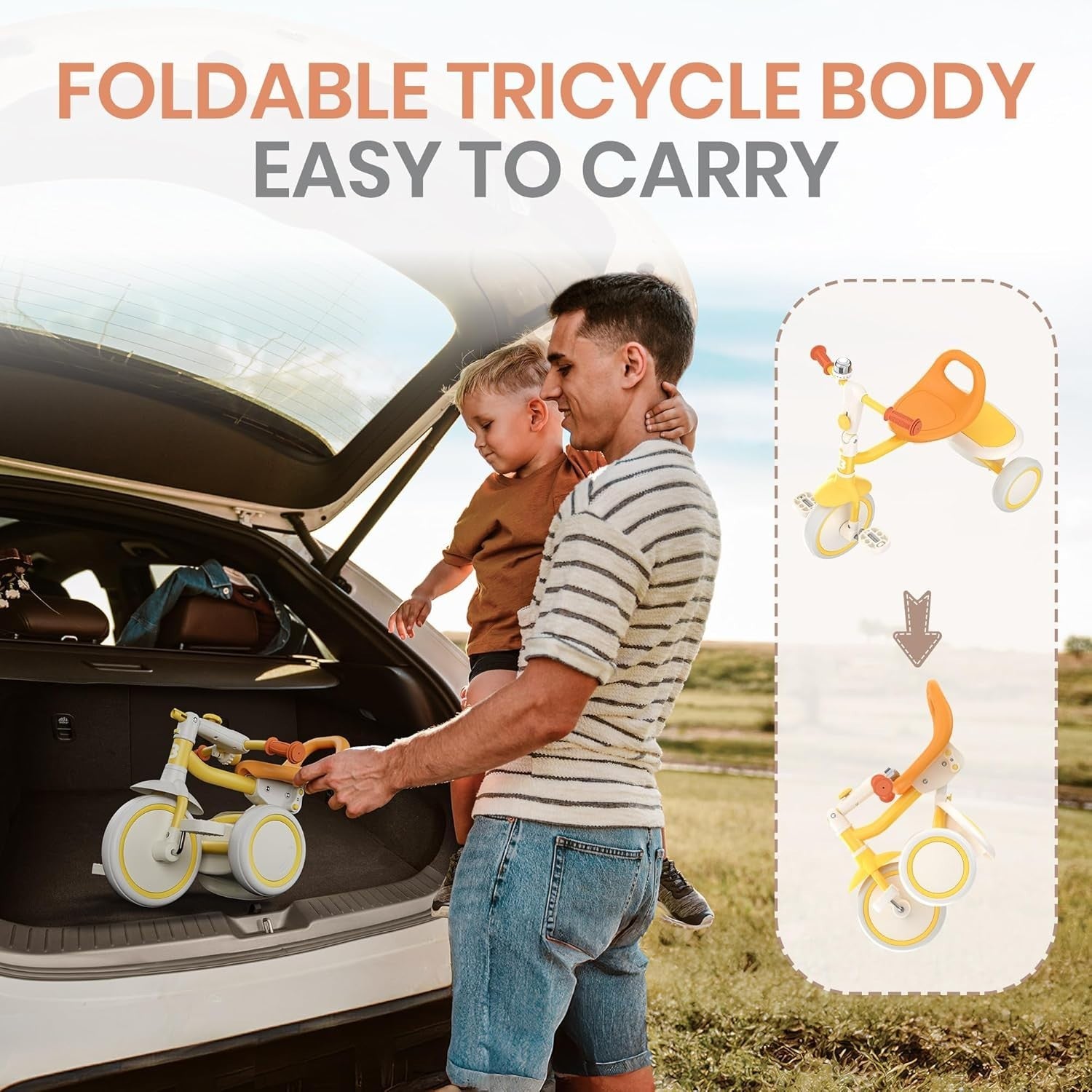 Foldable Toddler Tricycle Adjustable Seat Kids Trike Yellow Age 18M-5Y