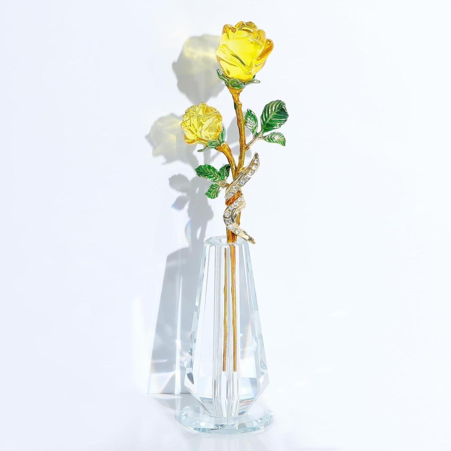 Yellow Crystal Rose Ornament with Vase – Luxury Glass Flower Gift for Her Décor