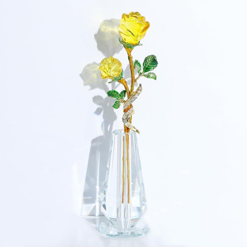 Yellow Crystal Rose Ornament with Vase – Luxury Glass Flower Gift for Her Décor