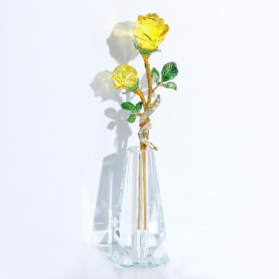 Yellow Crystal Rose Ornament with Vase – Luxury Glass Flower Gift for Her Décor