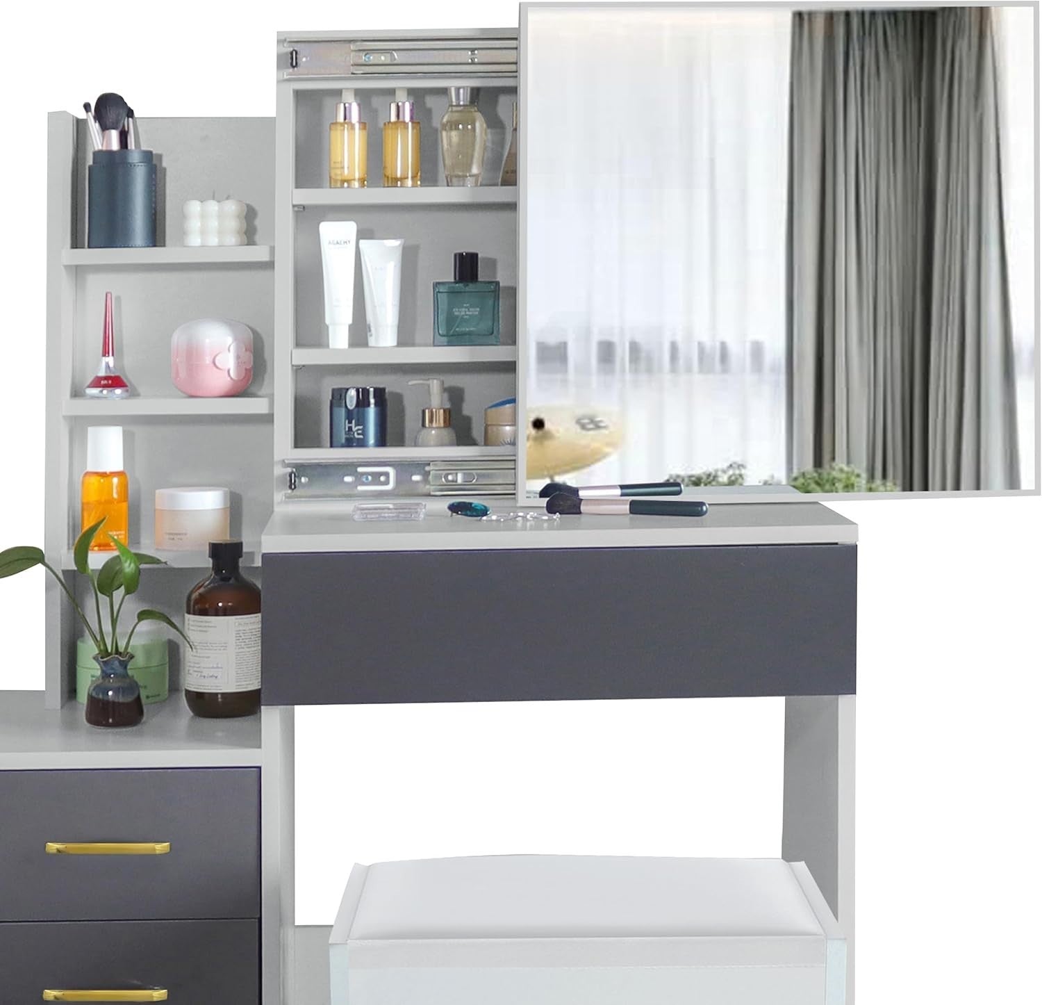Modern Vanity Table with Sliding Mirror Storage 4 Drawers Dresser Dark Grey