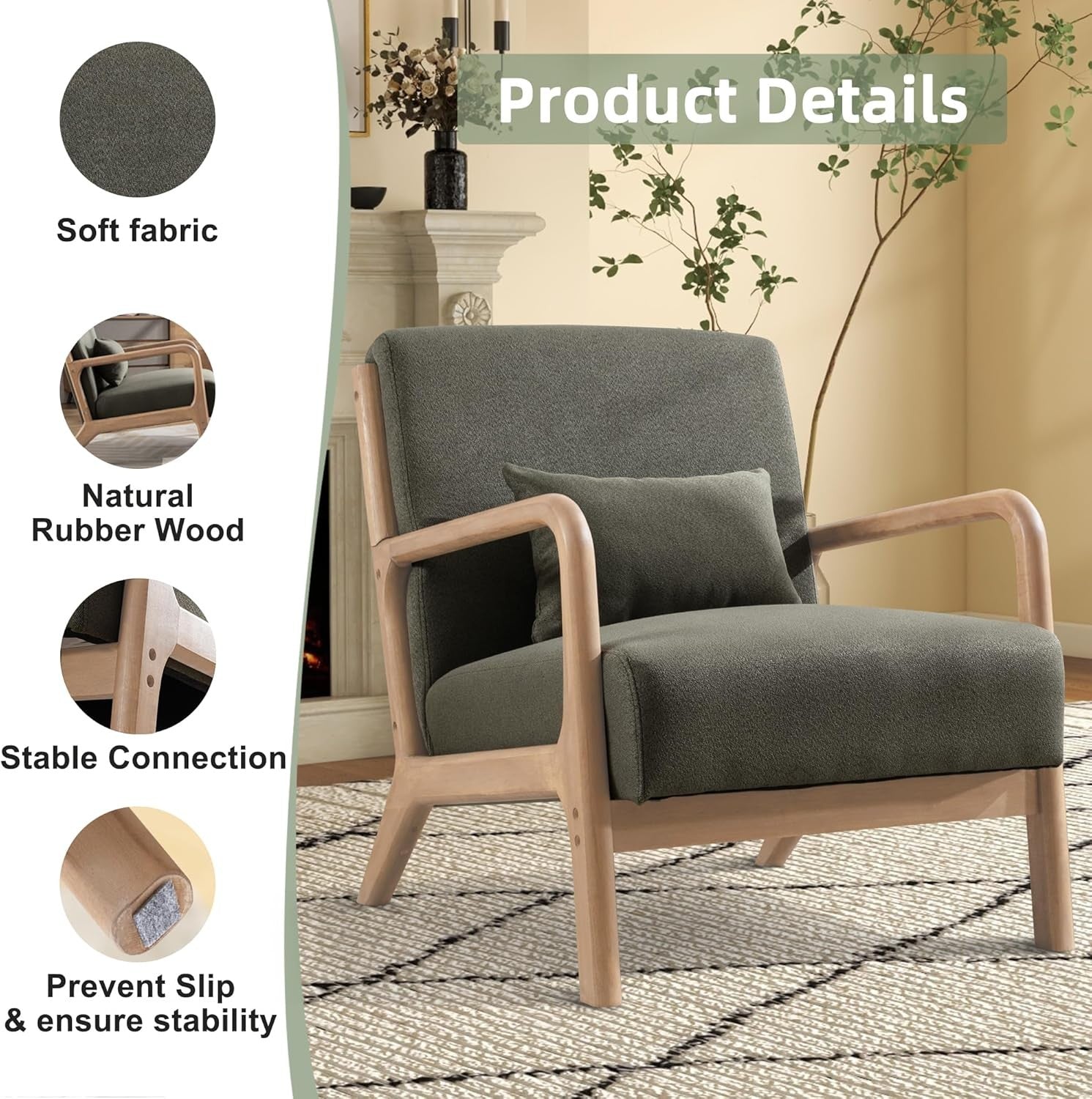 Green Accent Armchair High Back Upholstered Solid Wood Frame