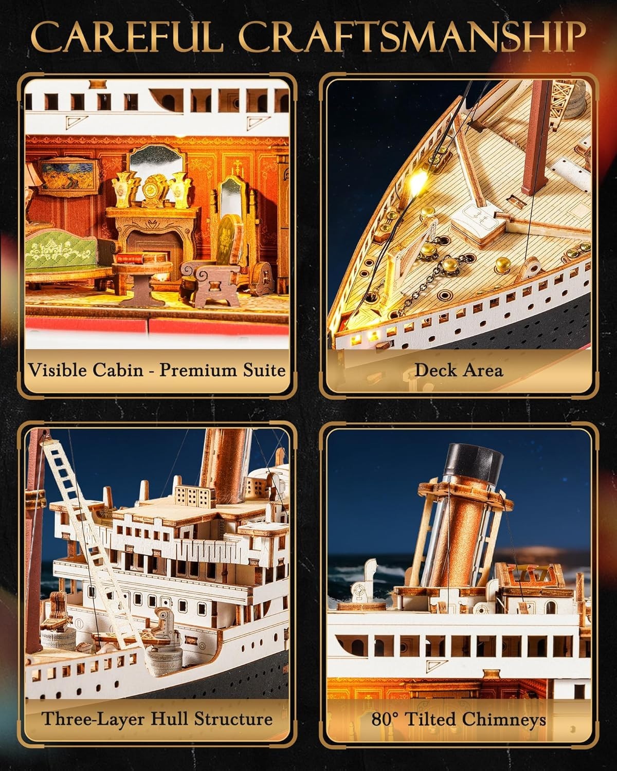 3D Titanic Ship Model Kit Wooden Puzzle LED Display Collectible