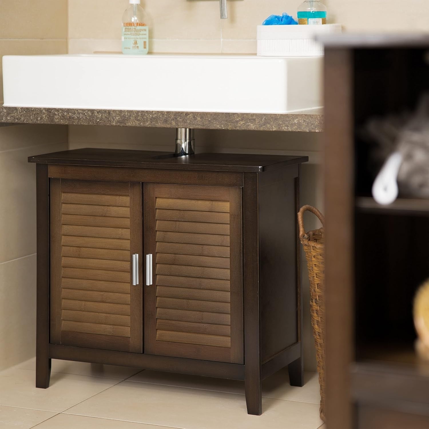 Dark Brown Bamboo Under Sink Bathroom Cabinet 2 Door Storage Cupboard Unit