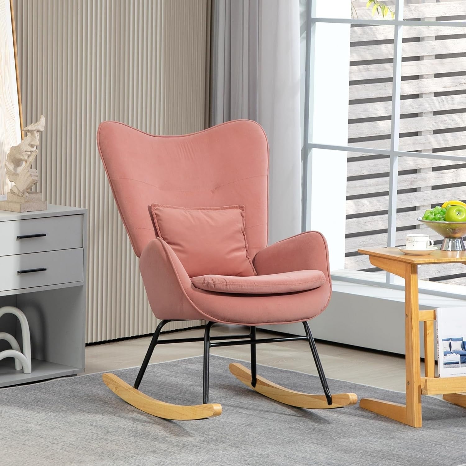 Velvet Rocking Chair with Lumbar Pillow, Wooden Rocker & Metal Legs - Pink
