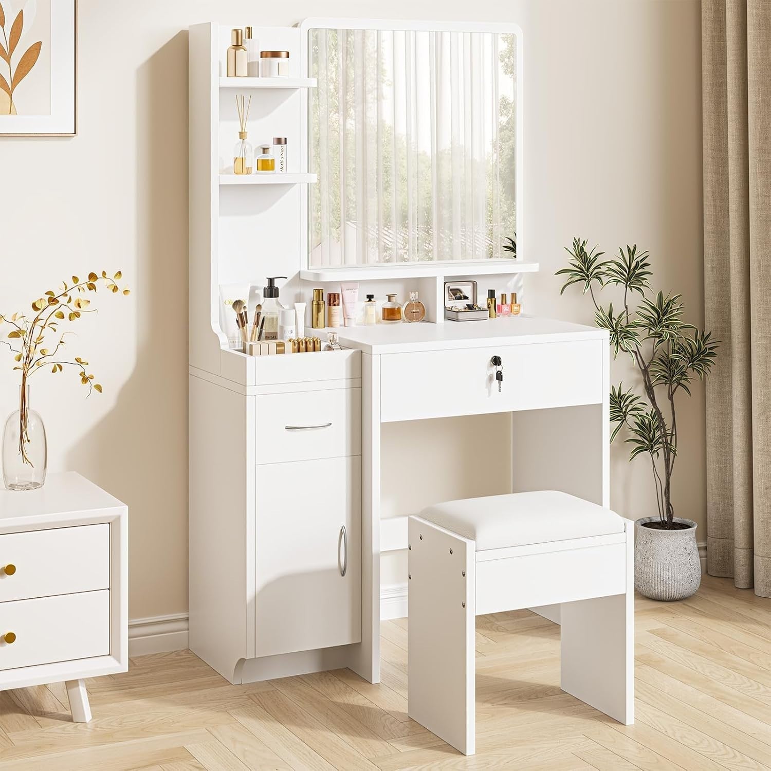 Modern Dressing Table Vanity Desk with Stool Makeup Storage Drawers & Lockable C