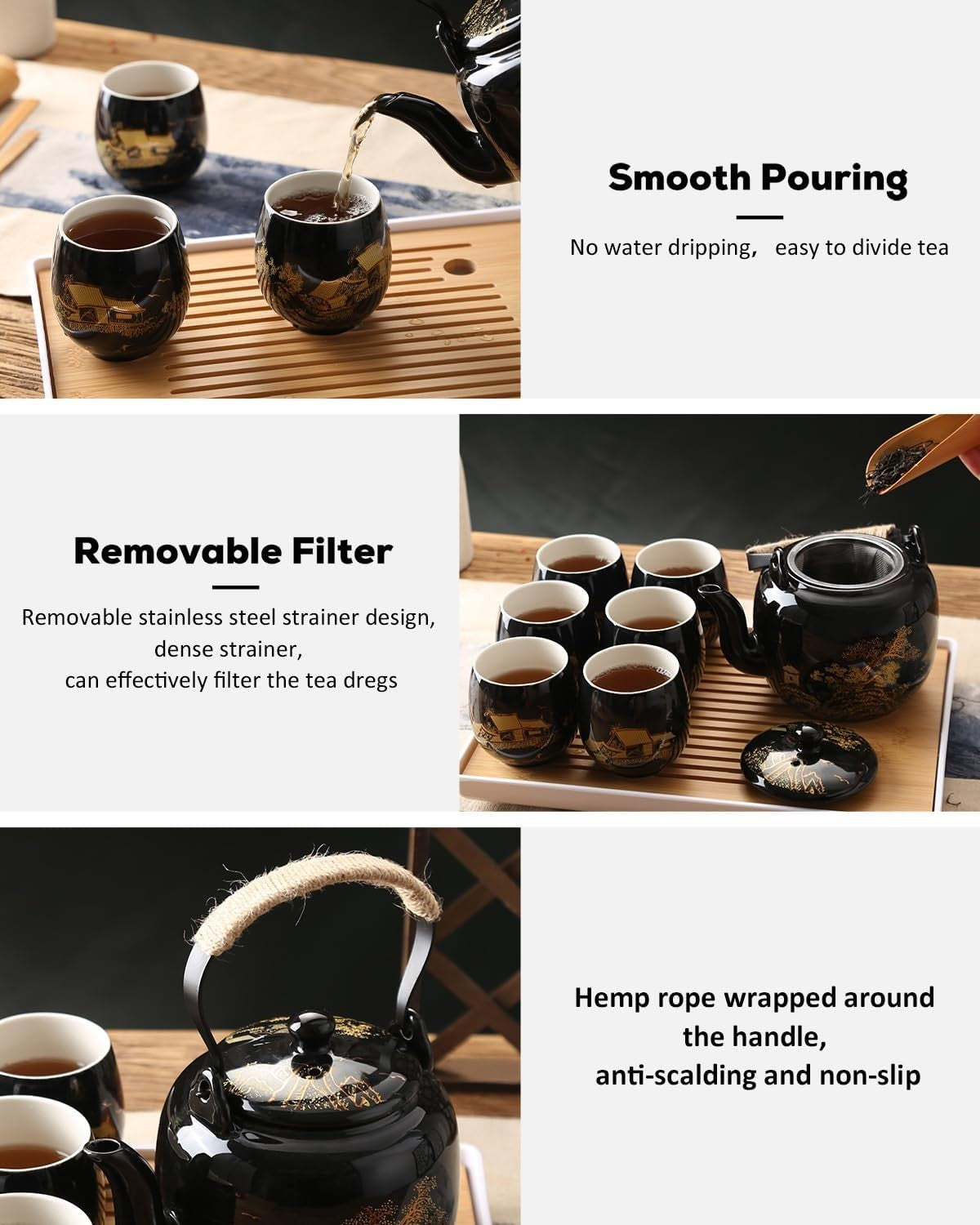 Japanese Porcelain Tea Set Black Teapot 6 Cups Tray Infuser Gold