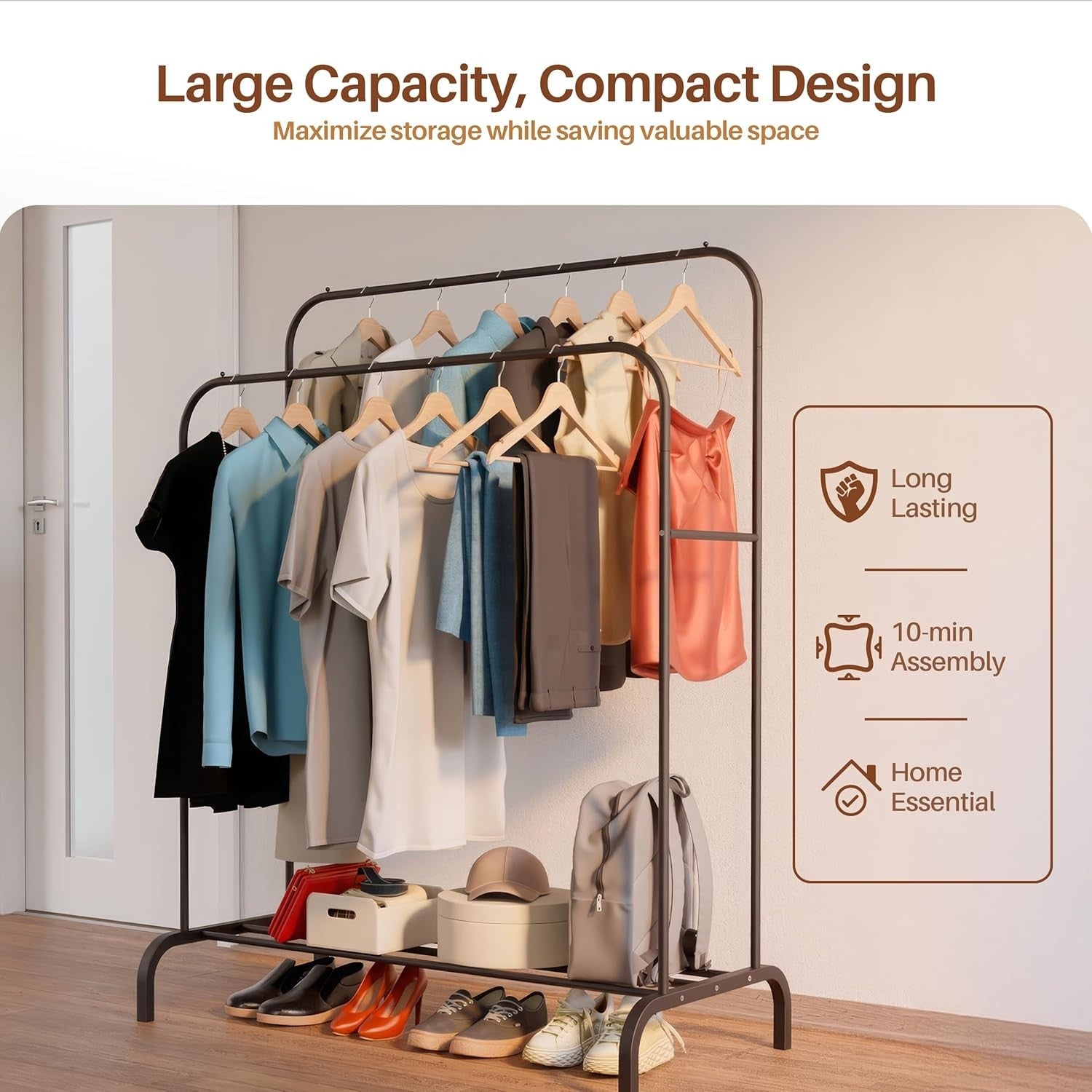 Heavy Duty Double Clothes Rail with Shoe Shelf - Black