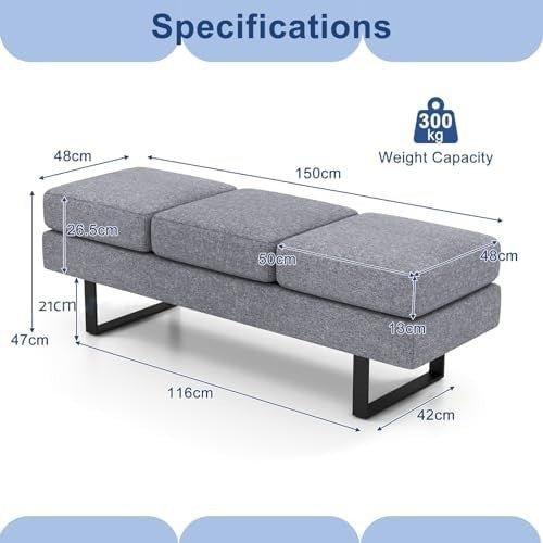 Modern 3 Seater Upholstered Bench Grey Metal Frame Waiting Room Chair Office