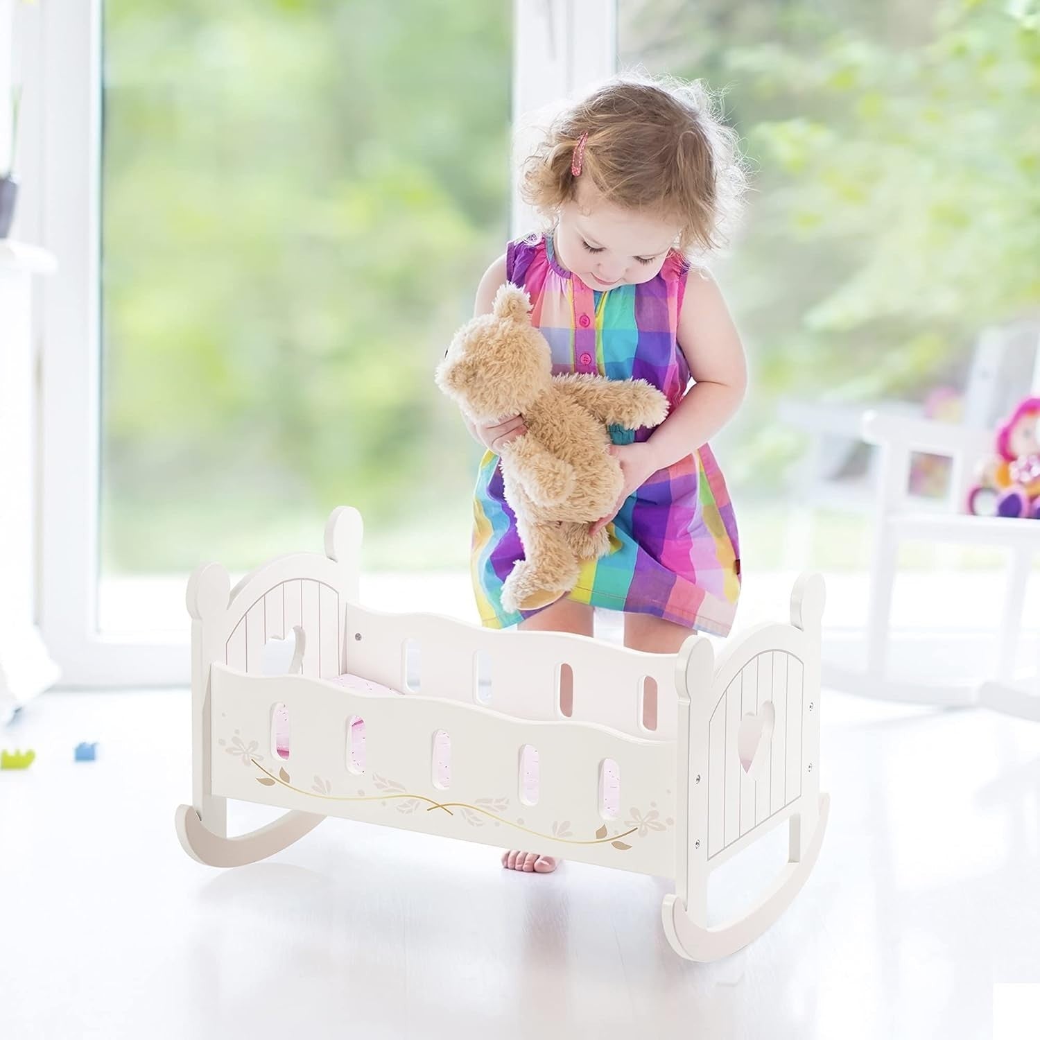 Wooden Doll Crib Bed with Bedding Rocking Cot Toy Furniture Gift for Kids