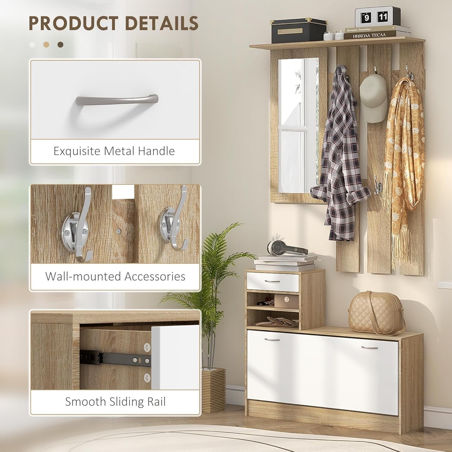 Natural Wood Hallway Furniture Set with Shoe Cabinet, Mirror & Coat Hooks