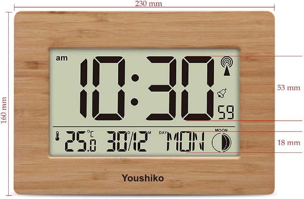 Large LCD Radio Controlled Wall Clock Bamboo Silent Auto-Set Temp Day Date