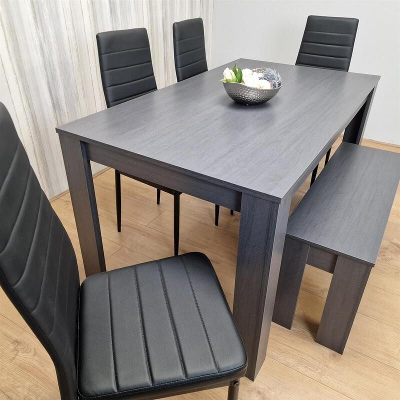 6 Seater Dark Grey Dining Table Set with 4 Chairs & Bench Faux Leather