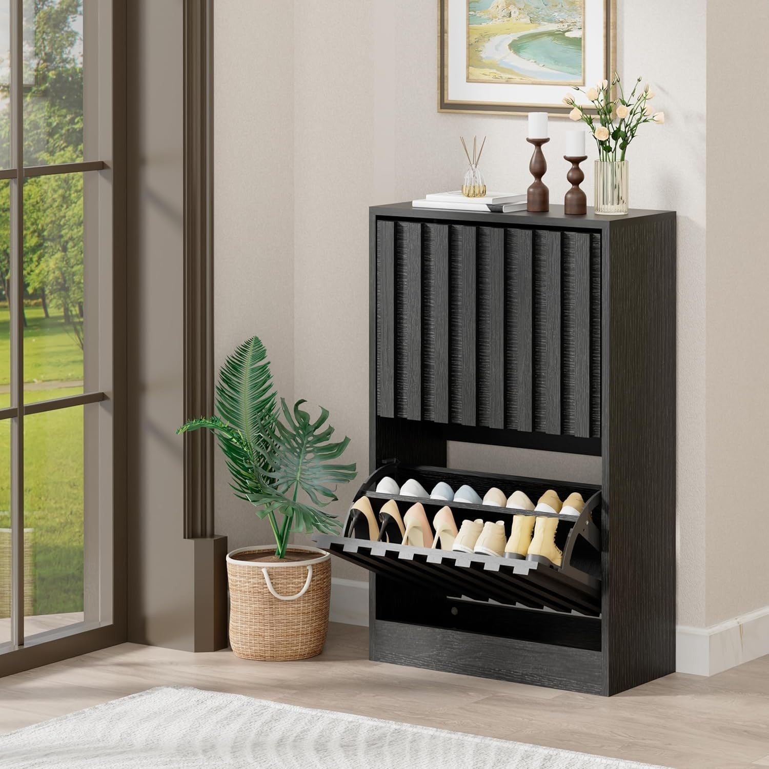 Slim Wooden Shoe Storage Cabinet with 2 Flip Drawers & Ventilated Doors