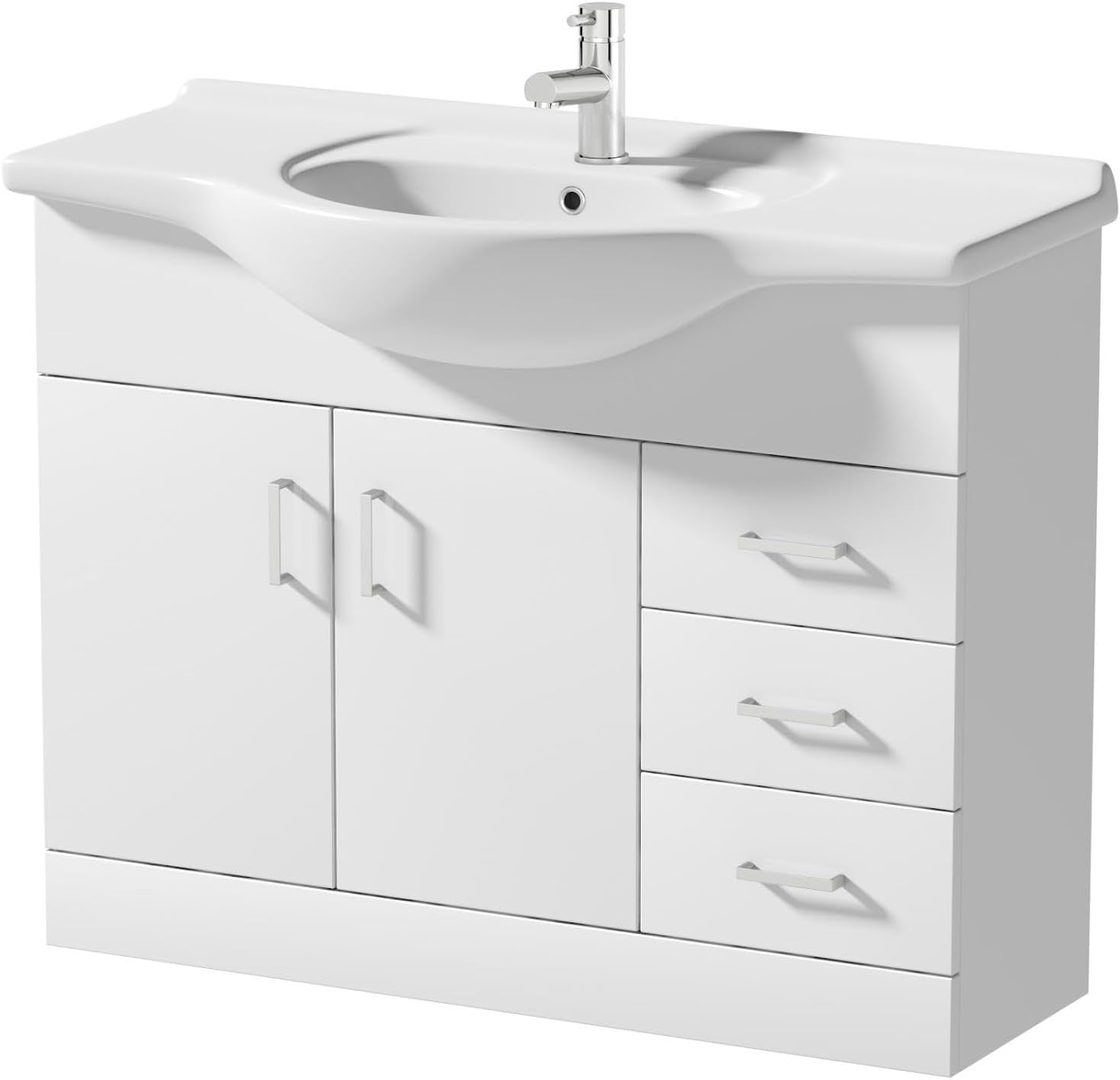 1050mm White Gloss Vanity Sink Unit – Bathroom Basin Cabinet with Doors & Drawer