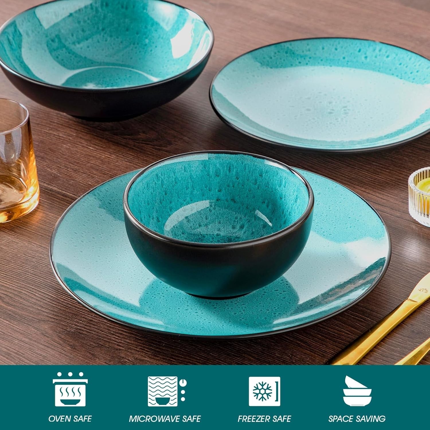 24pc Stoneware Dinnerware Set Green Plates Bowls Reactive Glaze Vintage