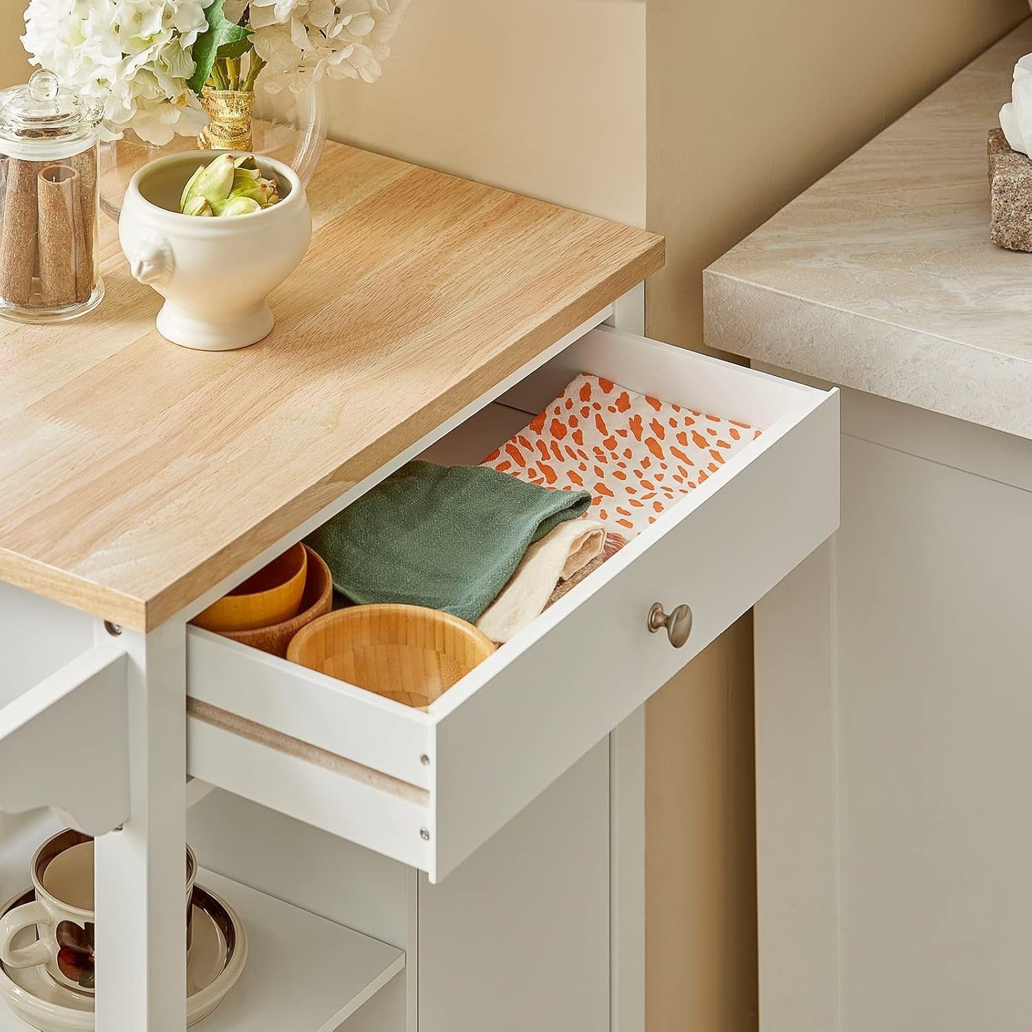 Wood Kitchen Trolley Cart Drawer Cupboard Shelves