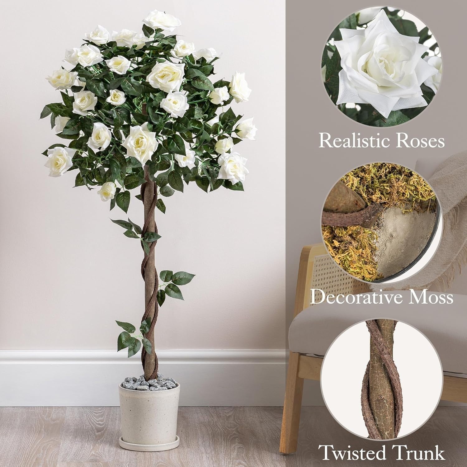 4ft Artificial Cream Rose Tree Twisted Trunk Potted Indoor Outdoor Home Decor