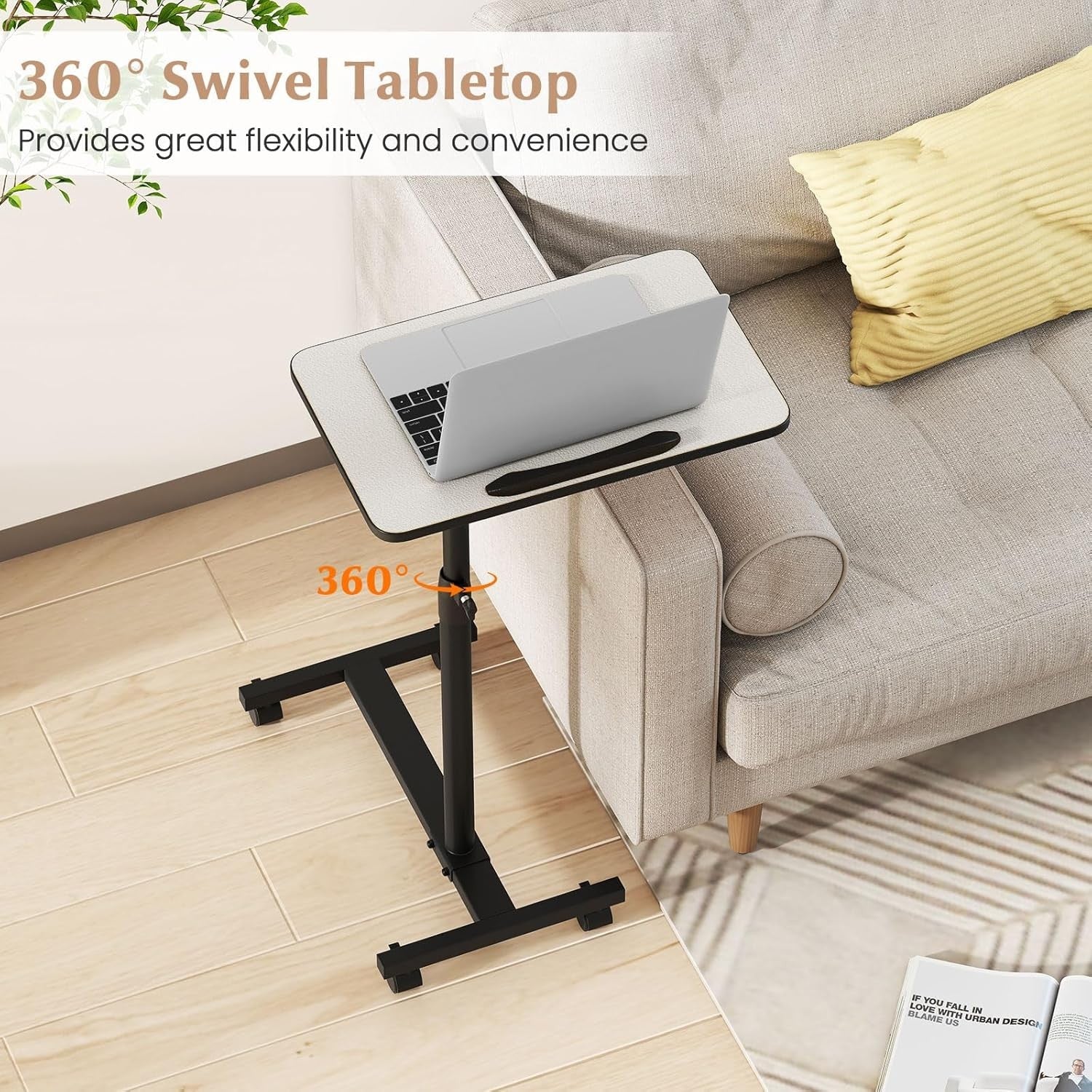 Adjustable Overbed Table Laptop Desk C Shaped Rolling Bedside Stand Grey