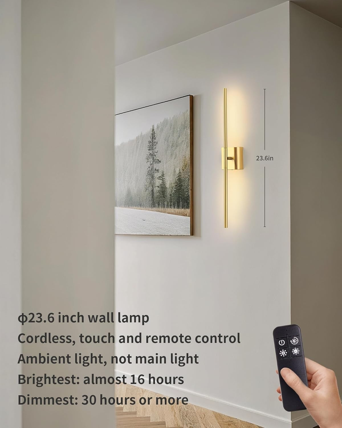 Rechargeable Gold LED Wall Sconces Set of 2, Dimmable, Remote Control, 23.6"