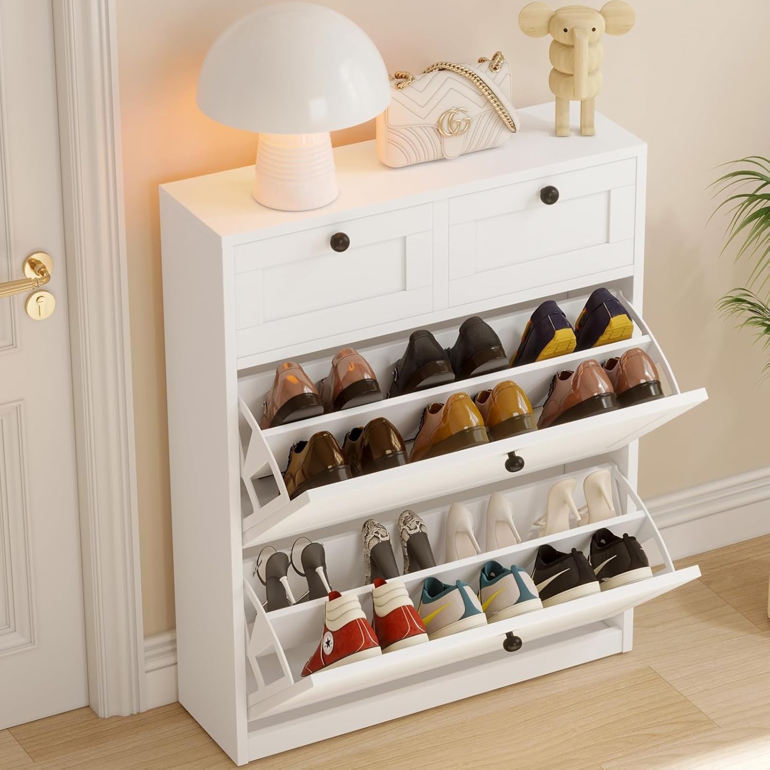 Slim 2 Flip Drawer Shoe Cabinet with Adjustable Shelves & Storage Drawers