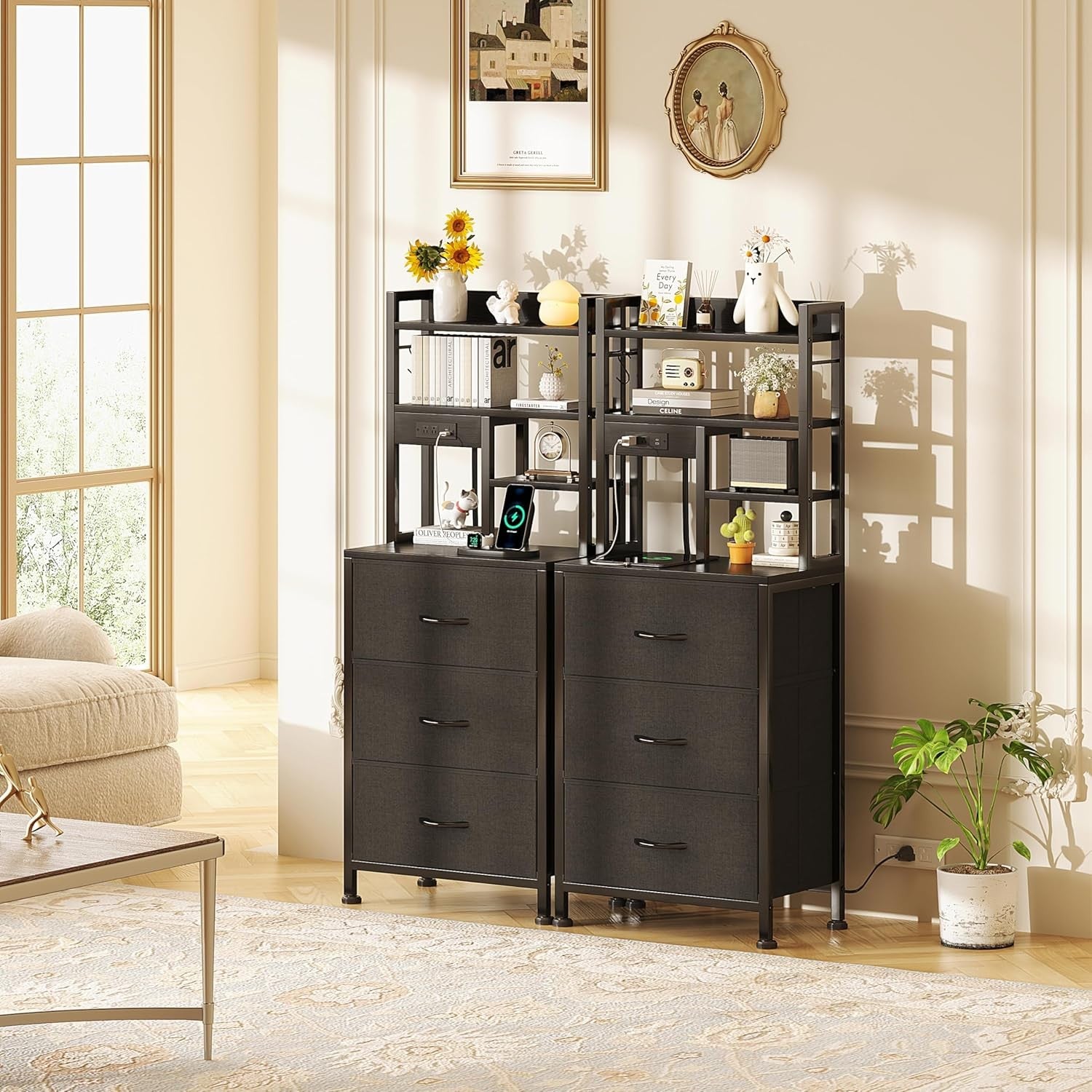 Tall Bedside Table with LED Lights Charging Ports Shelves Drawers Storage Unit