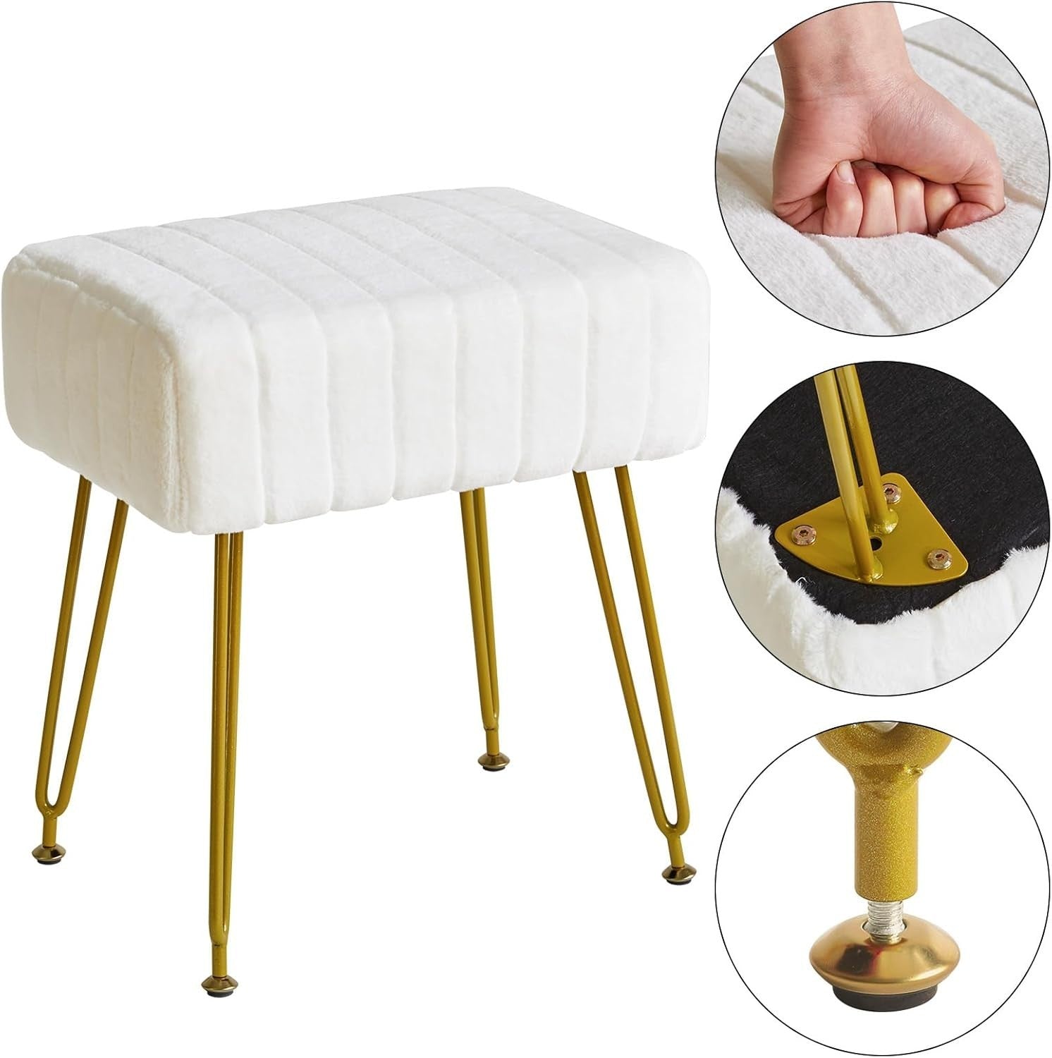 White Velvet Rectangular Footrest Ottoman – Vanity Stool with Gold Legs