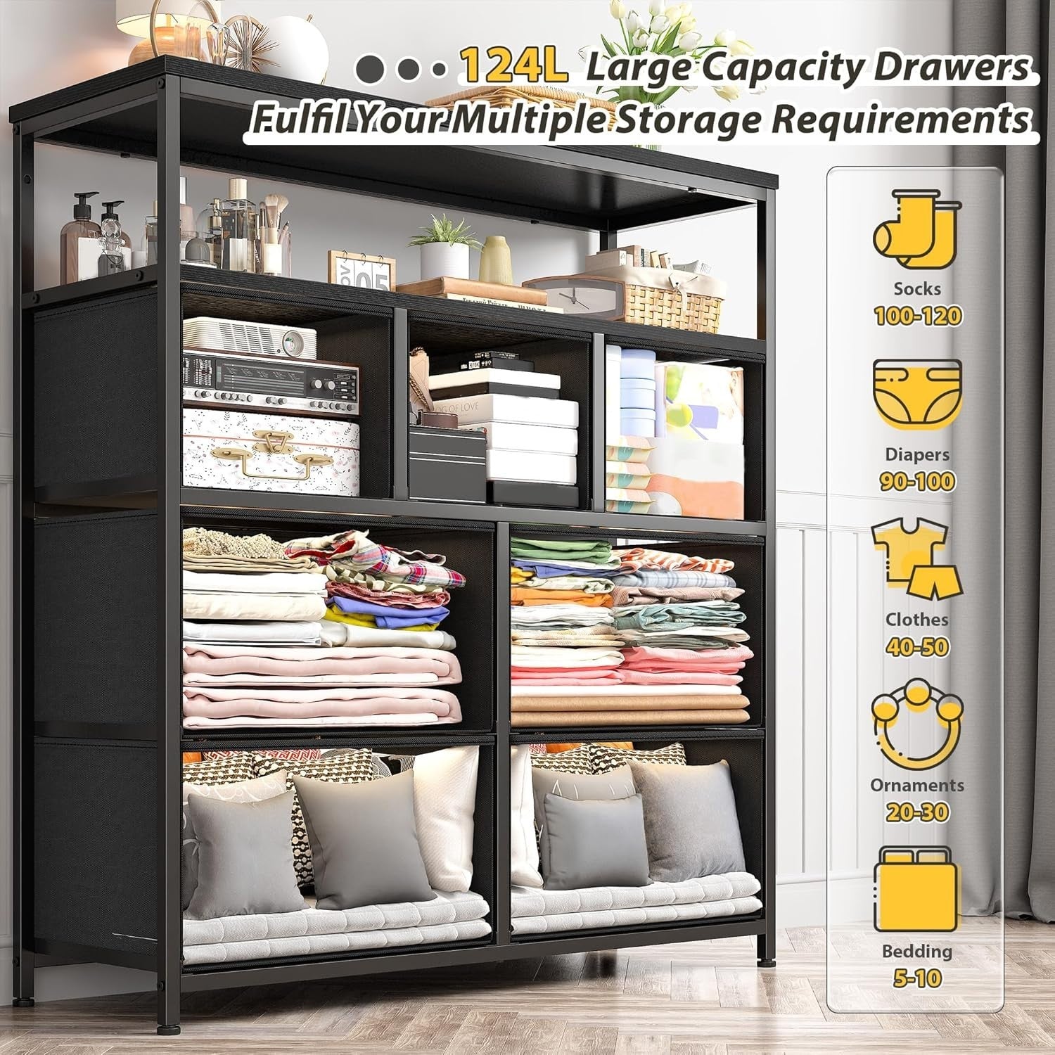 7-Drawer Black Grey Fabric Chest with 2-Tier Shelf – Bedroom & Living Storage