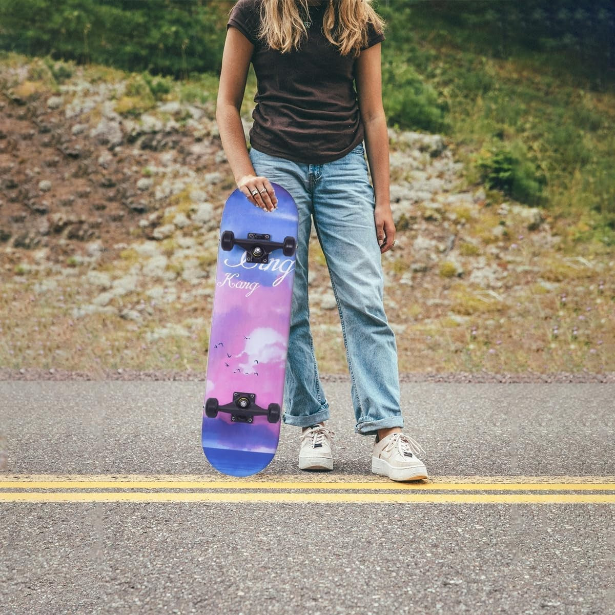 31" Maple Double Kick Skateboard Beginners Kids Teens Pink C w/ T-Tool Grip Deck