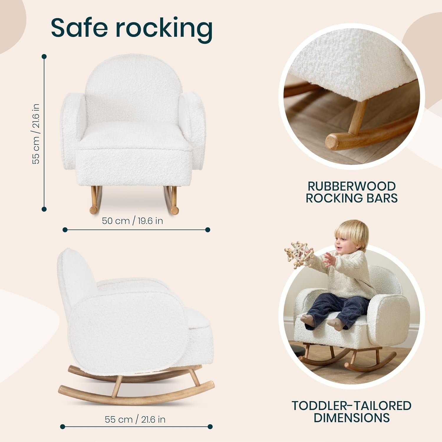 Kids Rocking Chair with Soft Bouclé, Rubberwood Frame, Toddler Safe