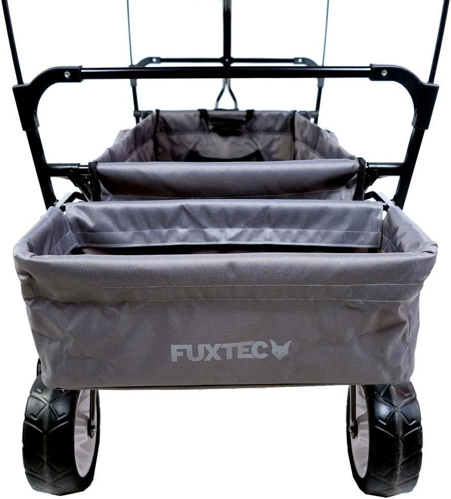 Grey Folding Wagon w/ Canopy Compact Pull Cart Garden Trolley w/ Rear Bag