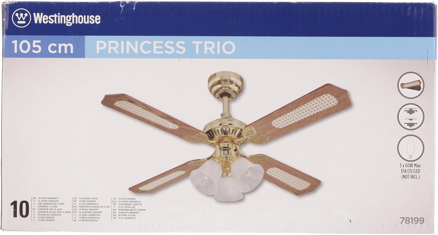 Westinghouse 105cm Princess Trio Ceiling Fan with Light, Oak/Rattan Blades