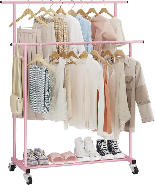 Pink Double Rod Clothes Rack with Wheels & Storage Shelf
