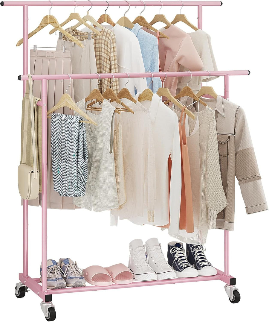 Pink Double Rod Clothes Rack with Wheels & Storage Shelf