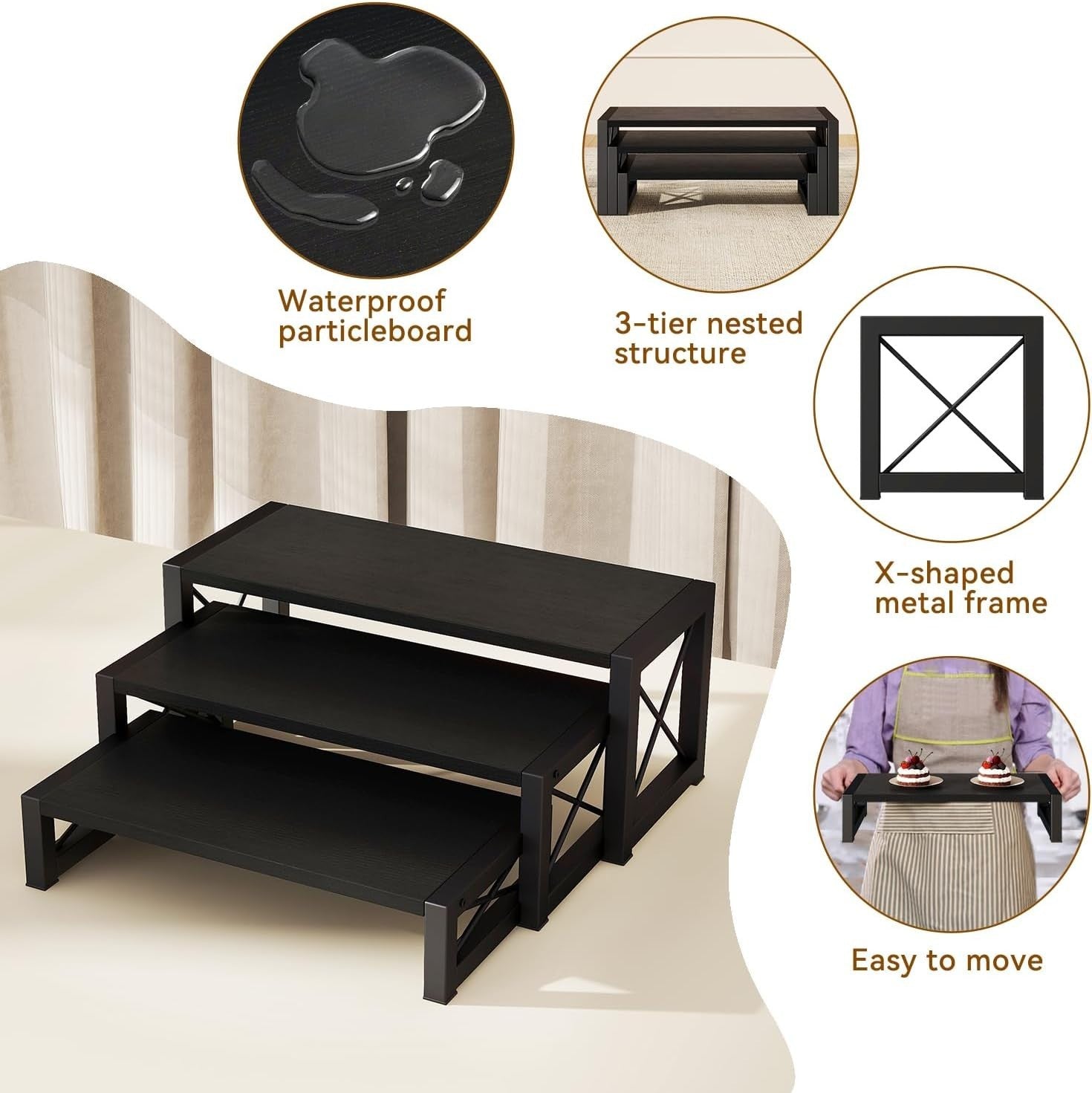 3-Tier Black Wood Cupcake & Dessert Display Stand – Rustic Party Table Risers