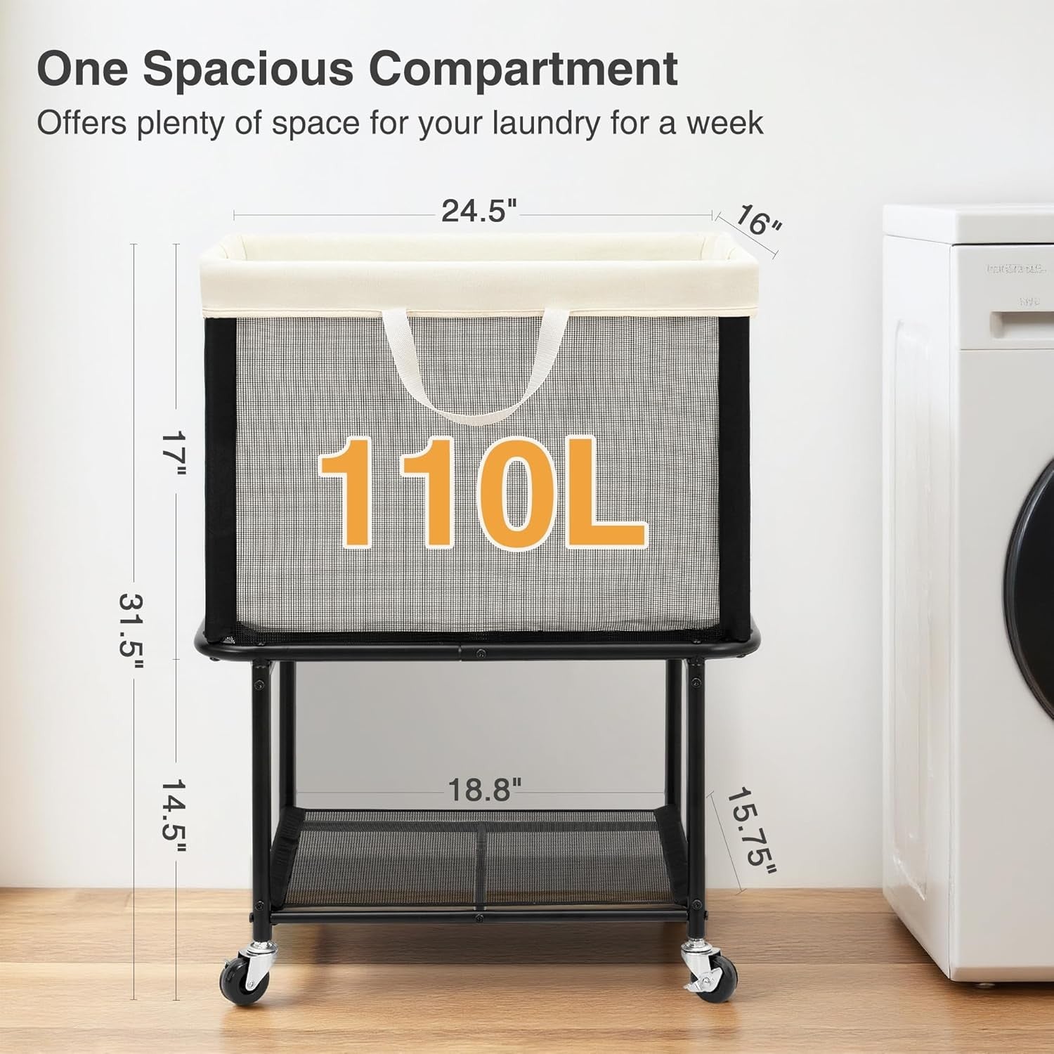 110L Rolling Laundry Hamper with Wheels Large 2-Tier Basket Removable Bag