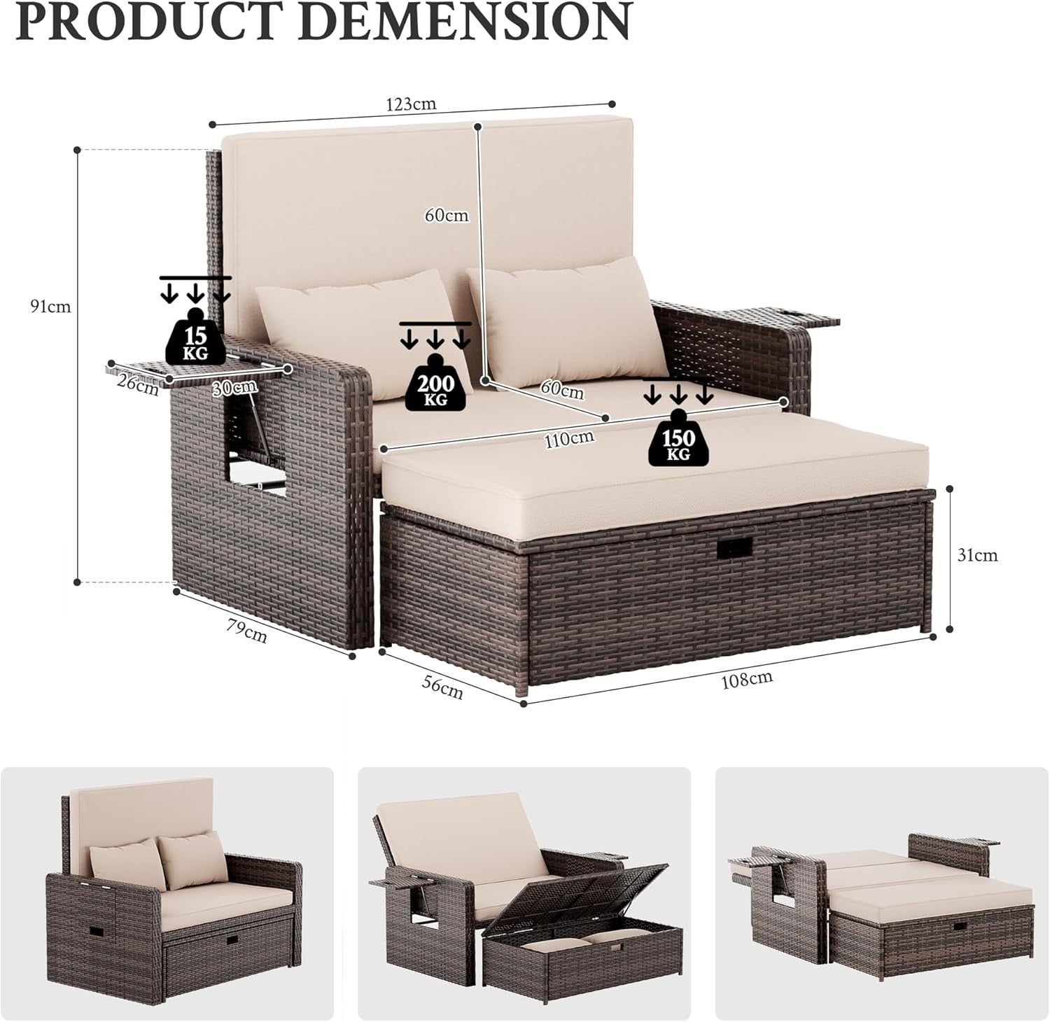Rattan Daybed Sofa Set Storage Ottoman Cushions Tray Patio Garden Seat