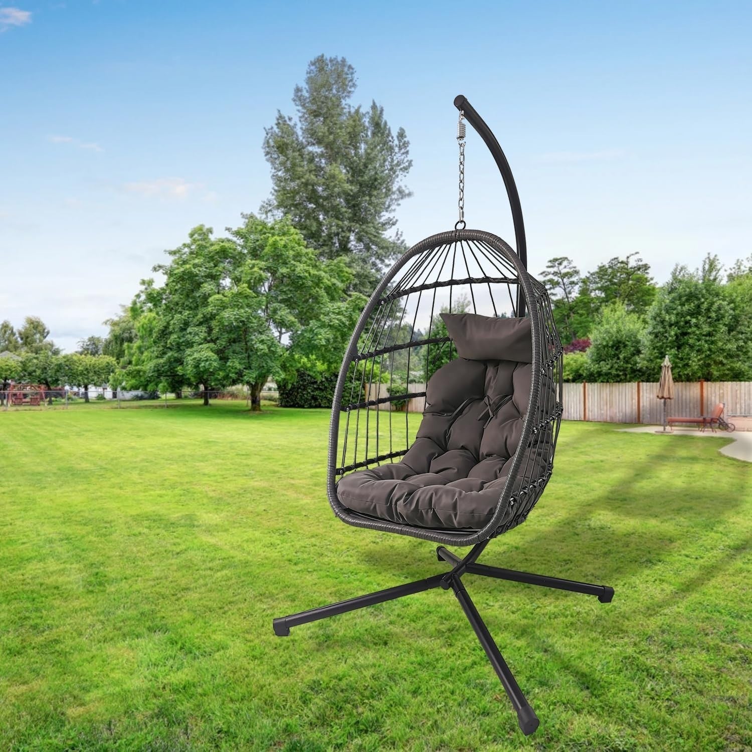 Foldable Rattan Hanging Egg Chair with Stand | Indoor Outdoor Swing Seat