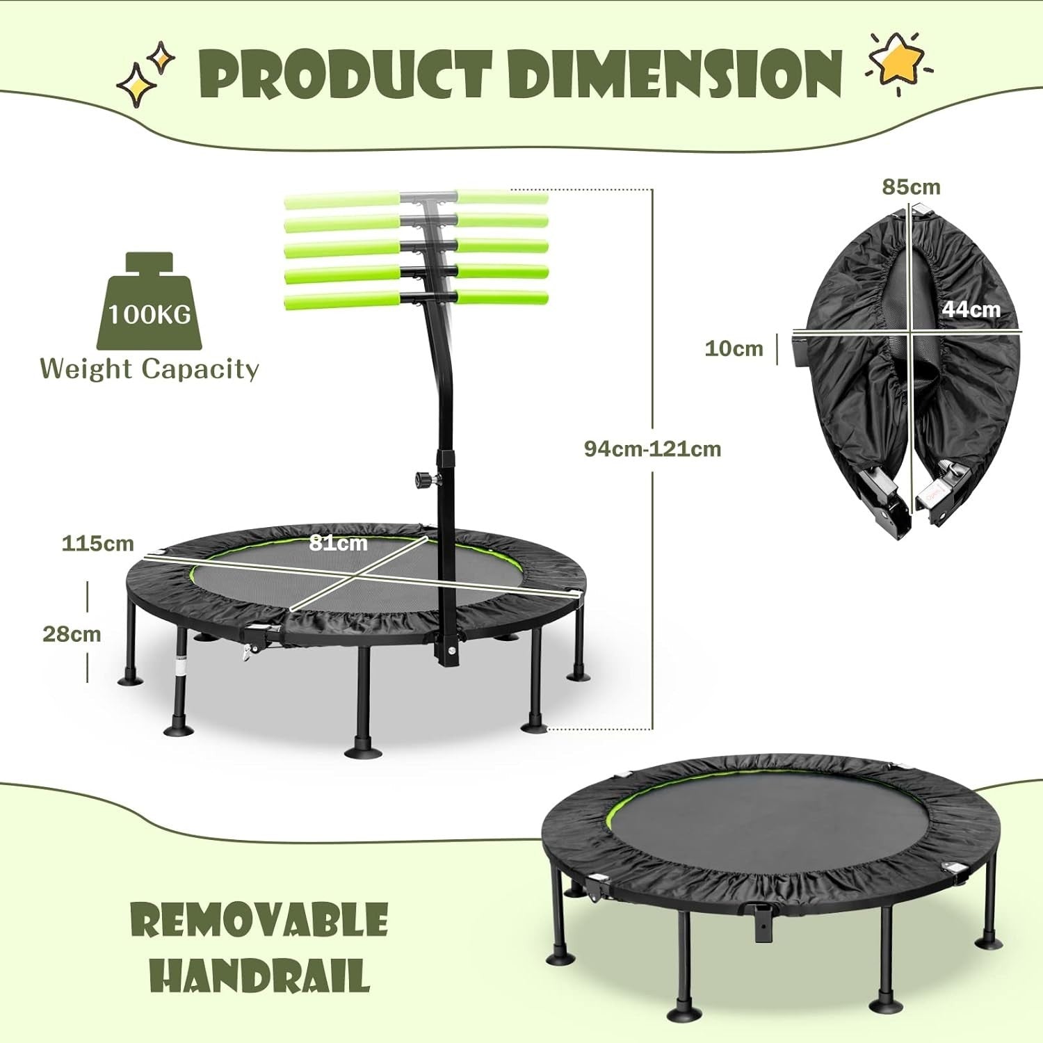 45'' Mini Trampoline Fitness Rebounder Foldable Adjustable Handle 100KG