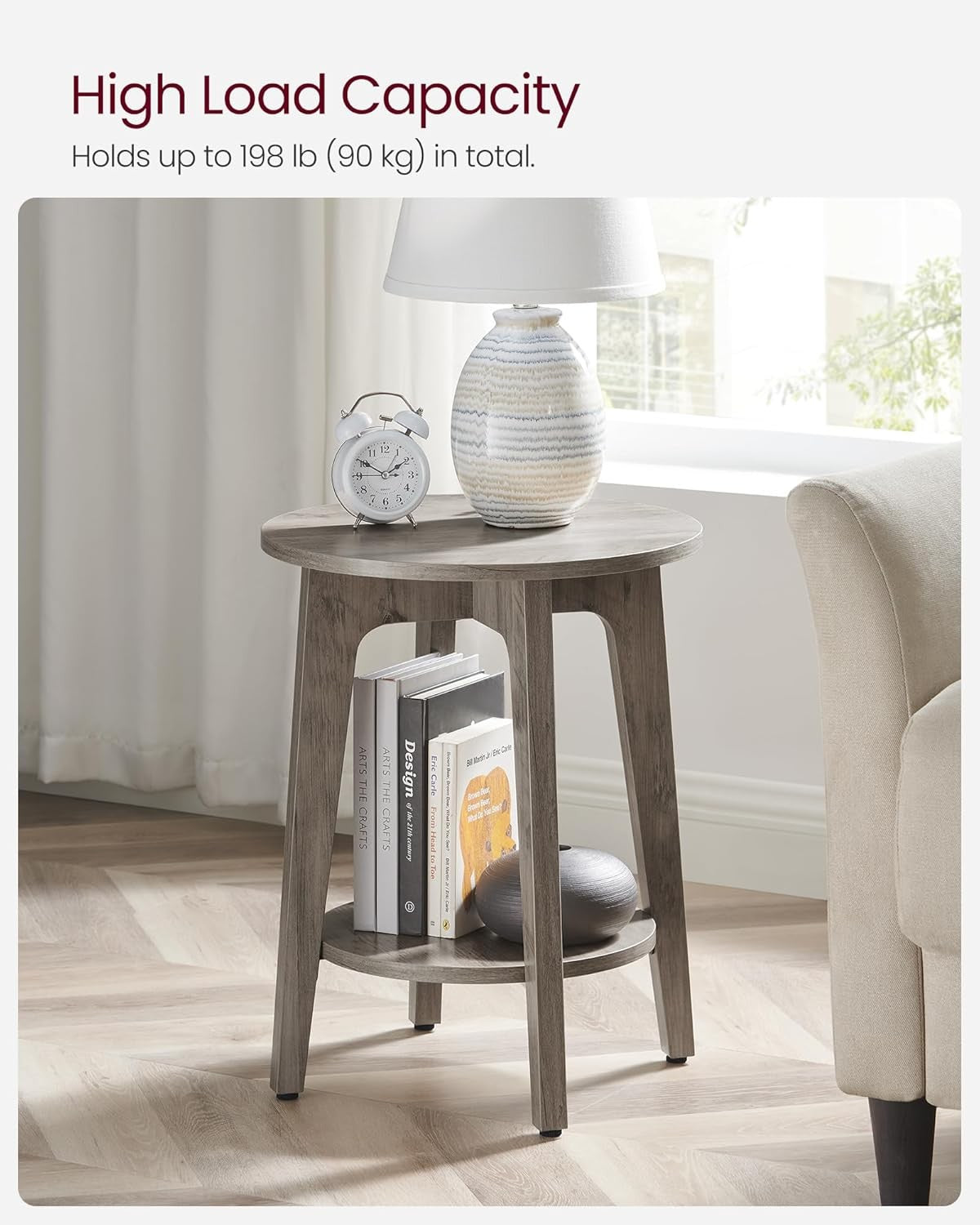 Small Round Side Table with Shelf, Space-Saving Bedside End Table, Wood Look