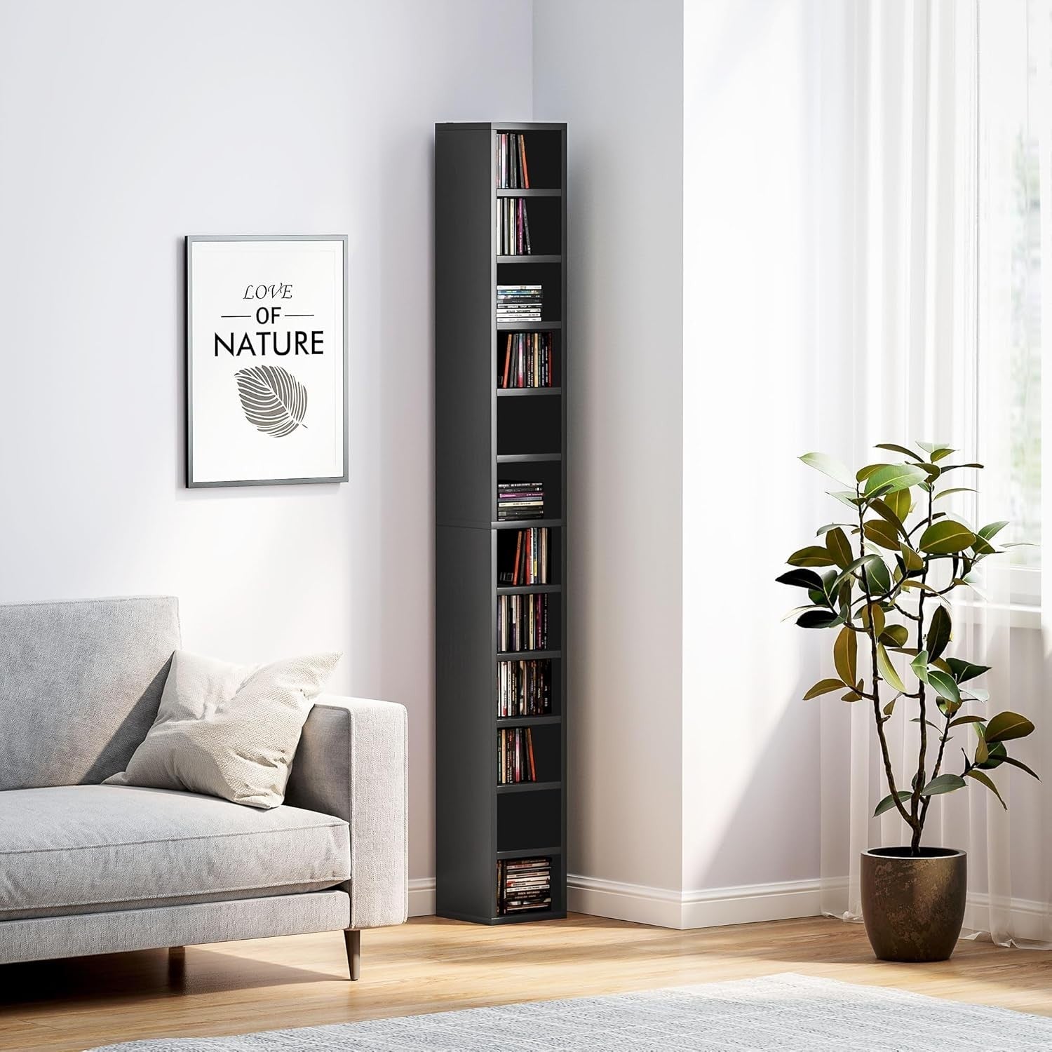 CD Storage Tower 12 Cube Shelving Unit Tall Slim Bookcase Black 175cm