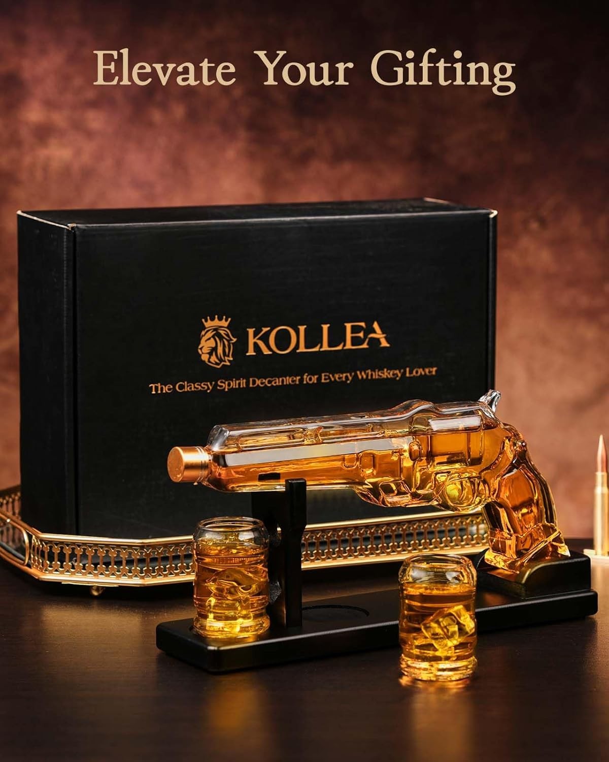 Gold Gun Whiskey Decanter Set with 2 Glasses Display Stand Unique Bar Gift