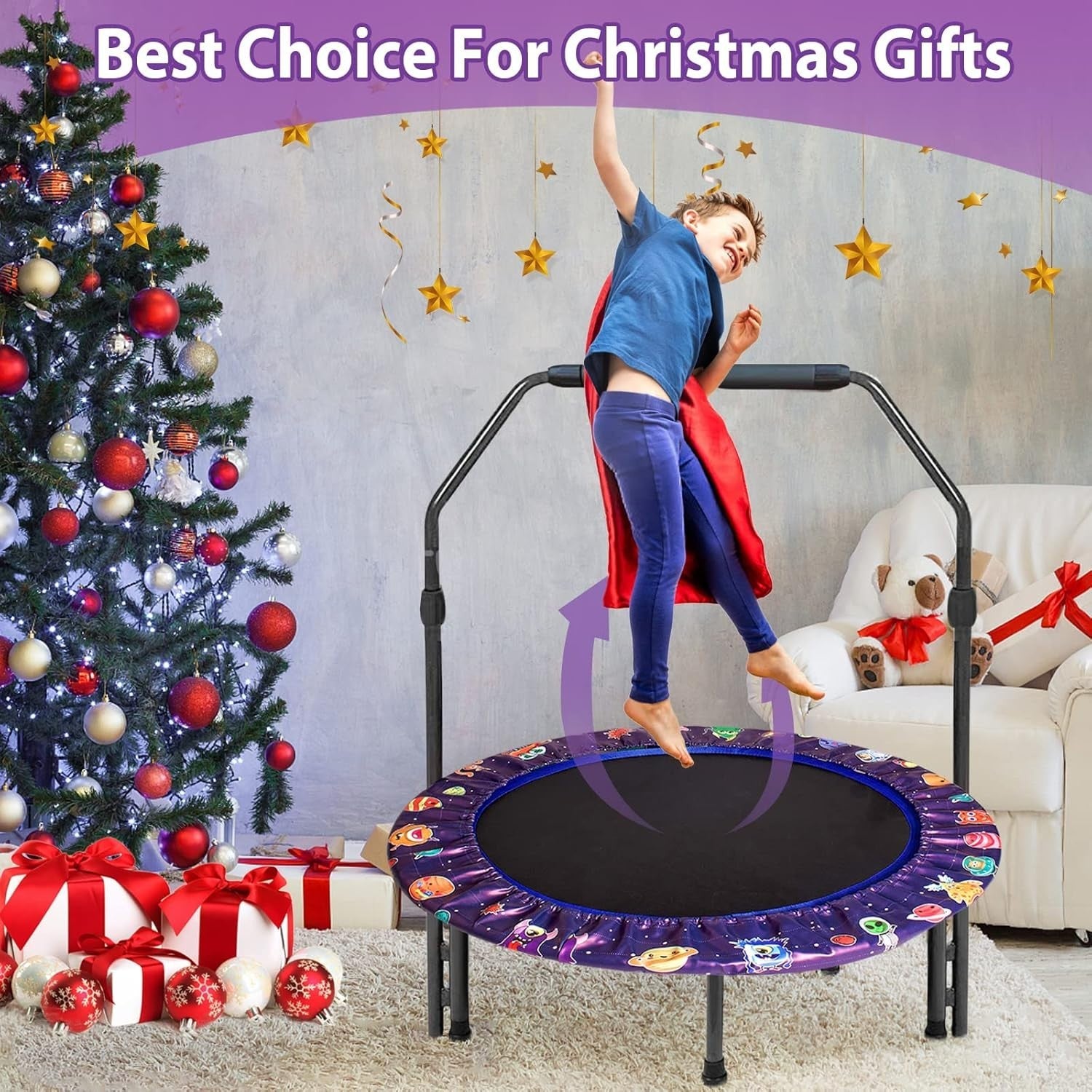 36 Inch Kids Trampoline Adjustable Handle Foldable Indoor Outdoor Bungee