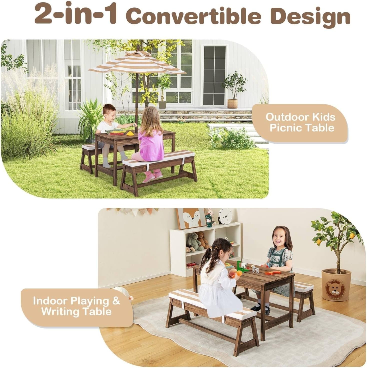Kids Wooden Picnic Table Bench Set w/ Umbrella & Cushions Outdoor Indoor