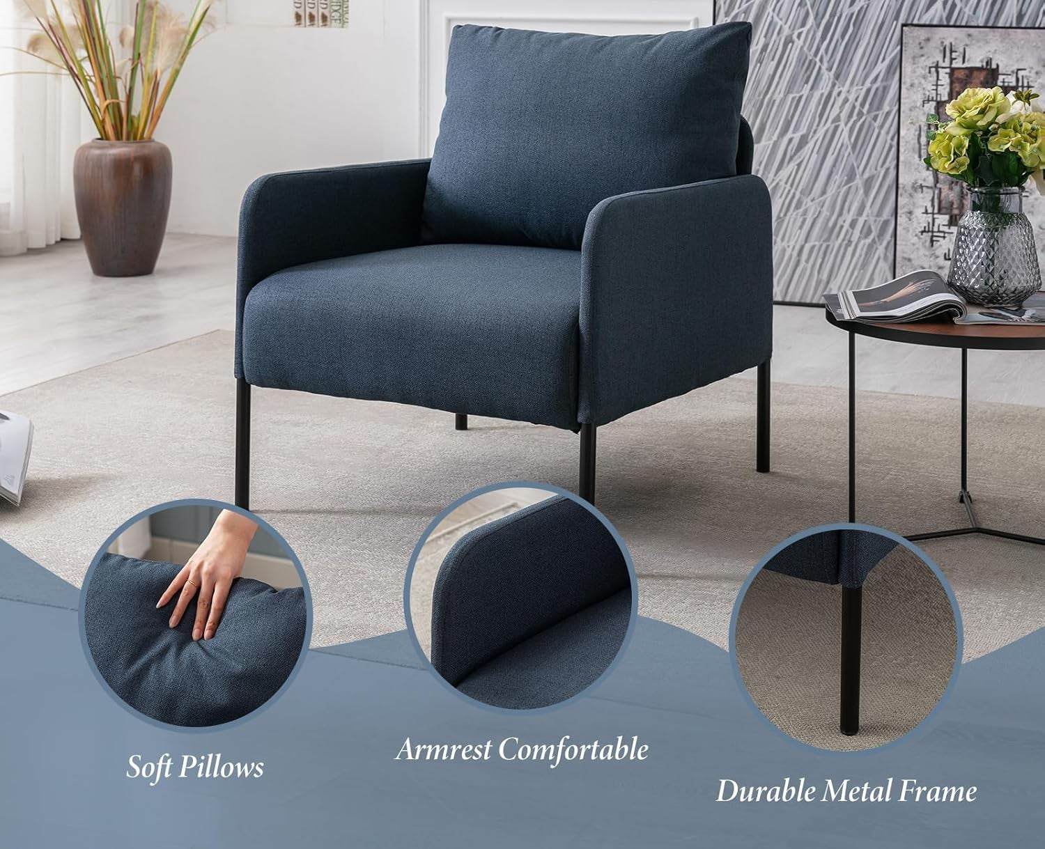 Modern Accent Armchair Blue Linen Lounge Chair Metal Legs Sofa