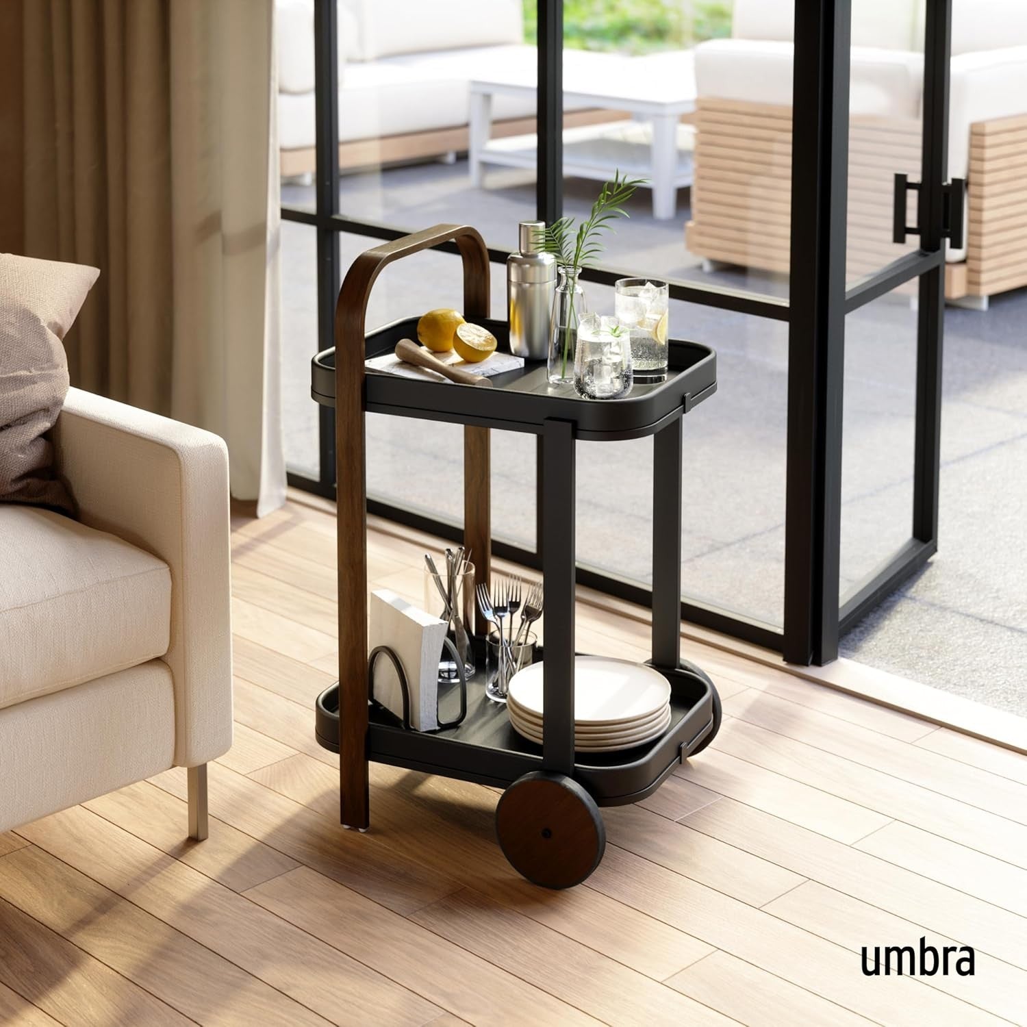 Luxury Bar Cart on Wheels 2 Tier Wooden Serving Trolley with Removable Tray